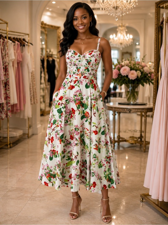 Taylor Dresses & Skirts - Taylor White Midi Dress with Pink and Green Floral Print